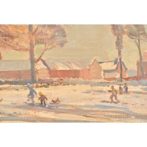 164 - An oil painting depicting children playing in the snow on the village fields, signed 'Elliott' and d... 