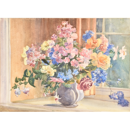 165 - A watercolour still life study of various flowers in a vase sitting on a windowsill, signed to lower... 