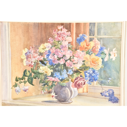 165 - A watercolour still life study of various flowers in a vase sitting on a windowsill, signed to lower... 