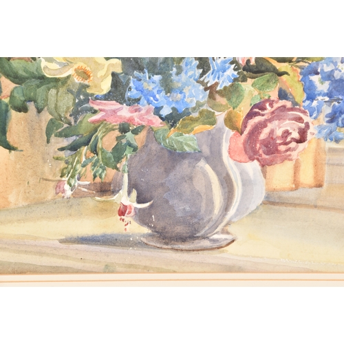 165 - A watercolour still life study of various flowers in a vase sitting on a windowsill, signed to lower... 