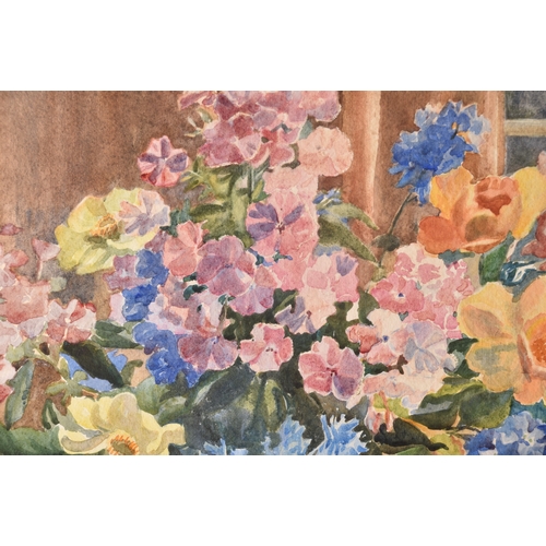 165 - A watercolour still life study of various flowers in a vase sitting on a windowsill, signed to lower... 