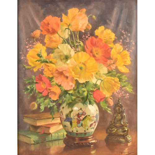 166 - An early 20th century still life of poppies in an oriental vase with a stack of books and figurine, ... 