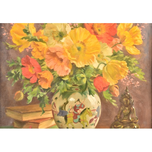 166 - An early 20th century still life of poppies in an oriental vase with a stack of books and figurine, ... 