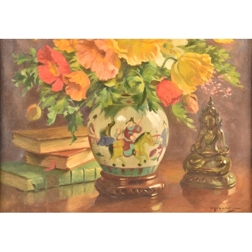 166 - An early 20th century still life of poppies in an oriental vase with a stack of books and figurine, ... 