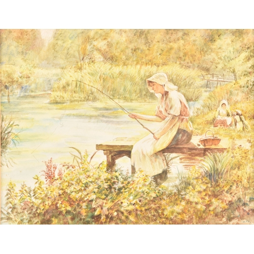 168 - An early 20th century watercolour of a tranquil scene of the mother seated fishing with children pla... 