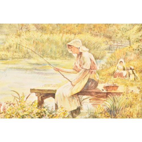 168 - An early 20th century watercolour of a tranquil scene of the mother seated fishing with children pla... 