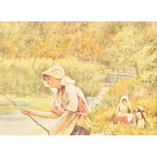 168 - An early 20th century watercolour of a tranquil scene of the mother seated fishing with children pla... 