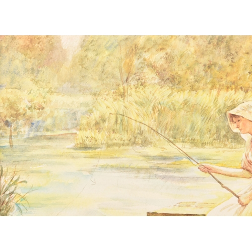 168 - An early 20th century watercolour of a tranquil scene of the mother seated fishing with children pla... 