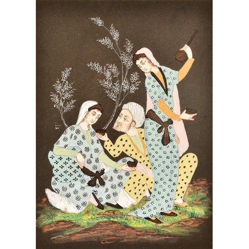 218 - A set of three Asian miniature watercolour paintings depicting three figures playing instruments and... 