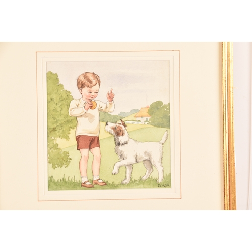 172 - A pair of watercolours, one depicting a boy with his dog, the other a girl holding her doll smelling... 