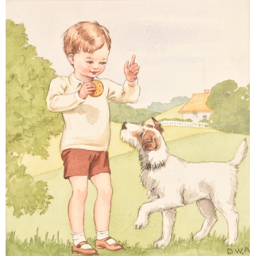 172 - A pair of watercolours, one depicting a boy with his dog, the other a girl holding her doll smelling... 