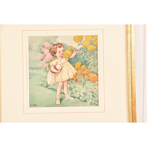 172 - A pair of watercolours, one depicting a boy with his dog, the other a girl holding her doll smelling... 