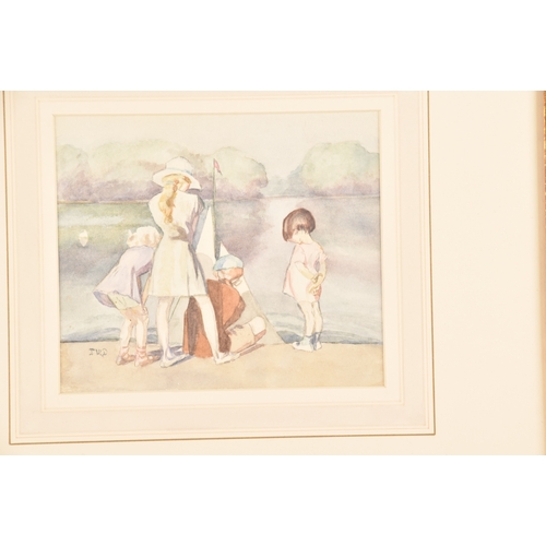 172 - A pair of watercolours, one depicting a boy with his dog, the other a girl holding her doll smelling... 