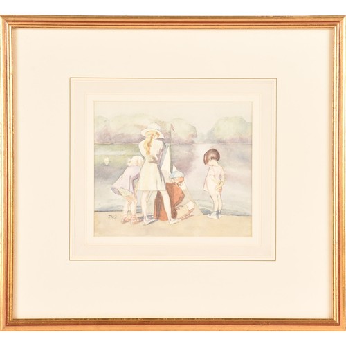 172 - A pair of watercolours, one depicting a boy with his dog, the other a girl holding her doll smelling... 