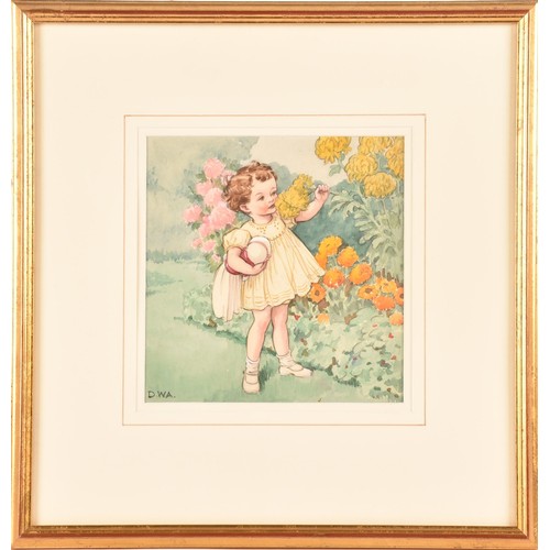 172 - A pair of watercolours, one depicting a boy with his dog, the other a girl holding her doll smelling... 