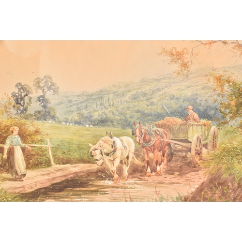 174 - Horace Leslie (20th century)a country scene with farmer driving two shire horses pulling a hay cart ... 