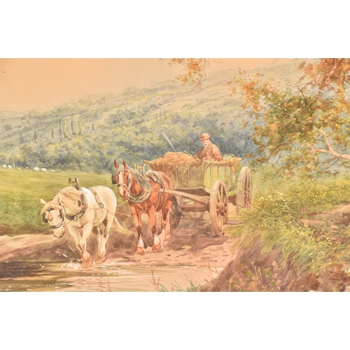 174 - Horace Leslie (20th century)a country scene with farmer driving two shire horses pulling a hay cart ... 