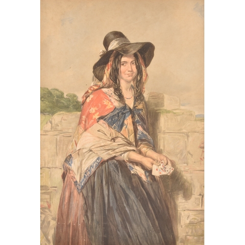 195 - A 19th century watercolour portrait of a gypsy girl fortune teller holding various cards, unsigned, ... 