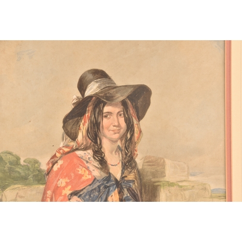 195 - A 19th century watercolour portrait of a gypsy girl fortune teller holding various cards, unsigned, ... 