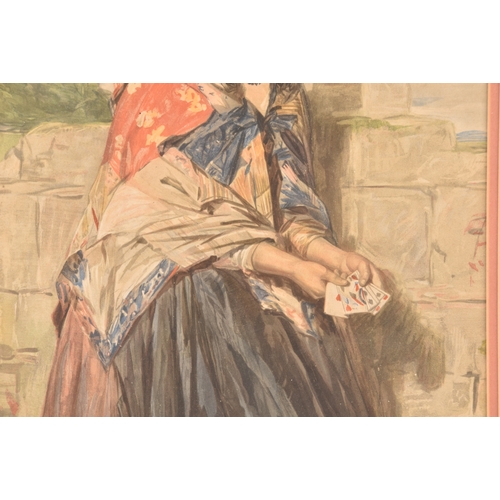 195 - A 19th century watercolour portrait of a gypsy girl fortune teller holding various cards, unsigned, ... 