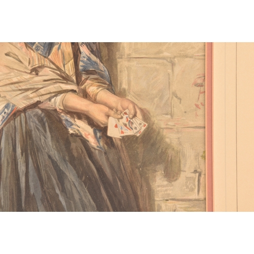 195 - A 19th century watercolour portrait of a gypsy girl fortune teller holding various cards, unsigned, ... 