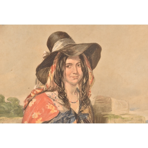 195 - A 19th century watercolour portrait of a gypsy girl fortune teller holding various cards, unsigned, ... 