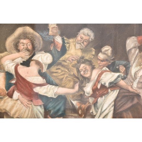 178 - A watercolour painting of a bawdy tavern scene with revellers, indistinct signature to lower left, d... 