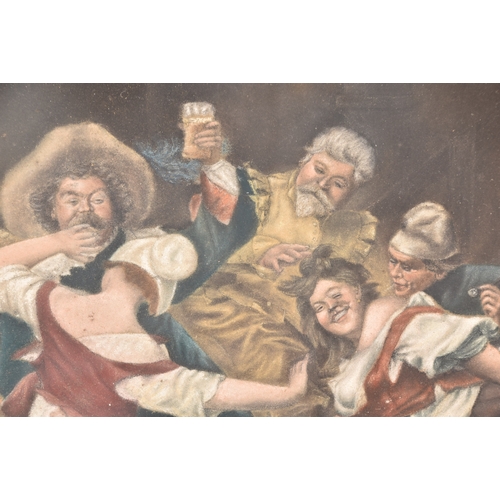 178 - A watercolour painting of a bawdy tavern scene with revellers, indistinct signature to lower left, d... 