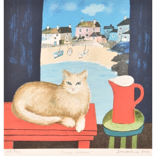 197 - Brenda King (British, 1934-2011).'Pussywillow' print, depicting a cat with red jug by window, limite... 