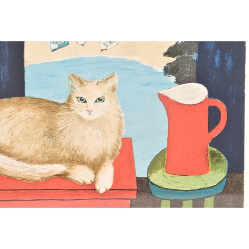 197 - Brenda King (British, 1934-2011).'Pussywillow' print, depicting a cat with red jug by window, limite... 