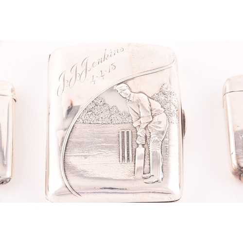 146 - A collection of three antique novelty silver cricket themed vesta cases of varying dates, largest ca... 