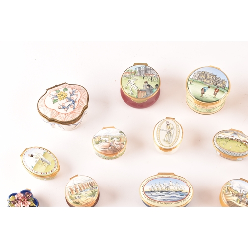 87 - A collection of enamel pill boxes of varying shapes and sizes, including maker's such as Halcyon Day... 