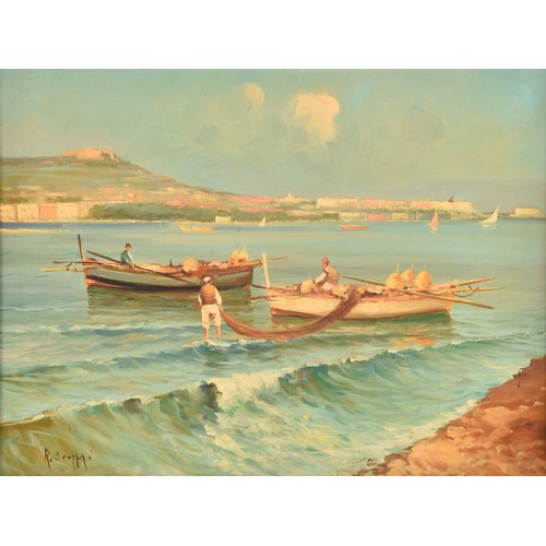 181 - Raimondo Scoppa (Italian, 1820-1890).'Pescatori' (Fisherman), oil on canvas, scene depicting three f... 