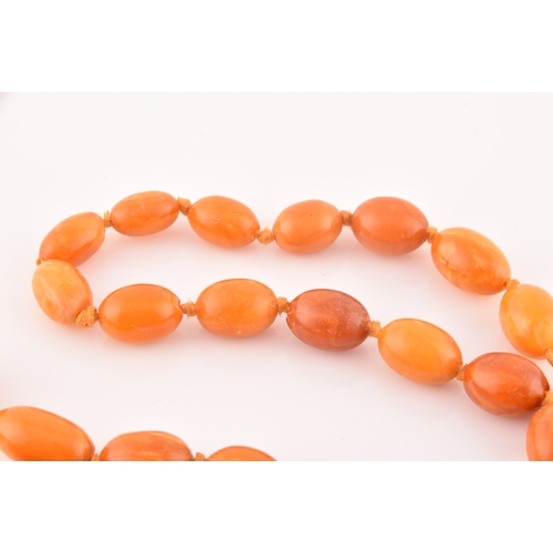 39 - A single row graduated oval amber bead necklace, approximately 12 x 7.5mm to 30 x 20 mm, strung plai... 