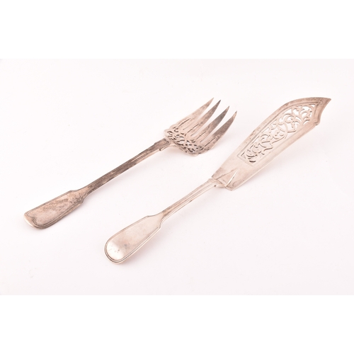 150 - A pair of Victorian silver fish servers, hallmarked London 1870 by Chawner & Co, fiddle and thre... 