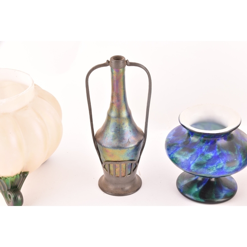 244 - A collection of glass including a Loetz style iridescent glass lobed bowl, a Galle style etched glas... 