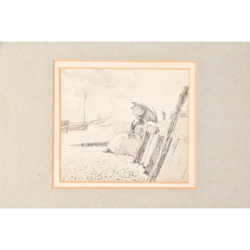 182 - A 19th century print of a woman shading herself on the beach, signed to lower right, 11 x 12.5 cm, t... 