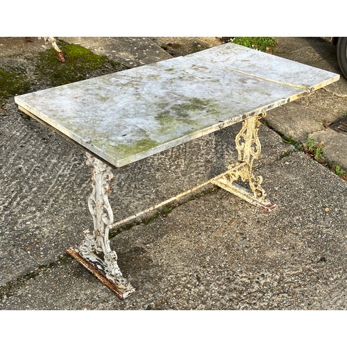 308 - A Victorian cast iron marble topped garden table, together with a set of four cast and painted alumi... 