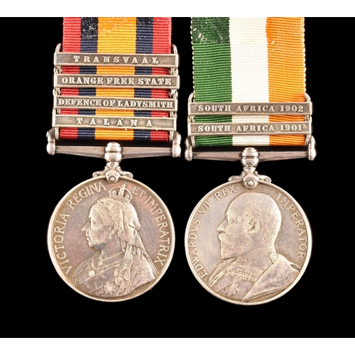 93 - A Boer War medal pair awarded to: 5394 Private E. G. Ward, Royal Irish Fusiliers. Comprising: a Quee... 