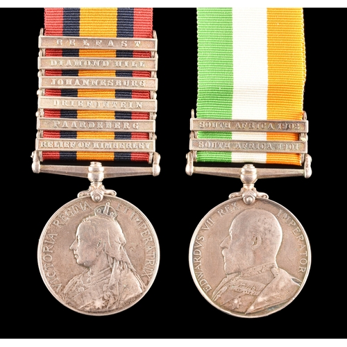 110 - A Boer War medal pair awarded to: 3843 Private H. E. Stone, 6th Dragoon Guards. Comprising: a Queen’... 