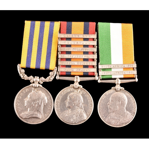 A Second Matabele War and Boer War three medal group awarded to: 3033 Private William Bushell, 2nd Battalion, York and Lancaster Regiment. Comprising: a British South Africa Company Medal 1890-97, reverse Rhodesia 1896 (3033 Pte. W. Bushell, 2/ Y. & Lancr Regt); a Queen’s South Africa medal with 6 clasps Cape Colony, Tugela Heights, Orange Free State, Relief of Ladysmith, Transvaal, Laing's Nek (3033 Pte. W. Bushell, 2/ Yk. & Lanc Regt); and a King's South Africa medal with 2 clasps South Africa 1901 and South Africa 1902 (3033 Pte. W. Bushell, 2/ York: & Lanc: Regt).