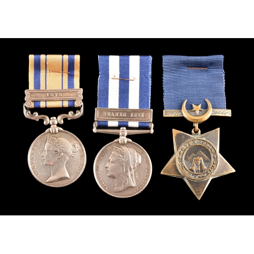 An South Africa and Egypt Campaign medal trio to: 4009 Sergeant Thomas Whelan, Army Hospital Corps. Comprising: a South Africa Medal 1877-1879 with 1879 clasp (4009 Pte. Thomas Whelan, A.H.C.); an Egypt Medal undated reverse, with 1 clasp Suakin 1885 (4009 Sergt Thomas Whelan, M.S. Corps); and a Khedive's Star Egypt 1884-6, unnamed as issued.