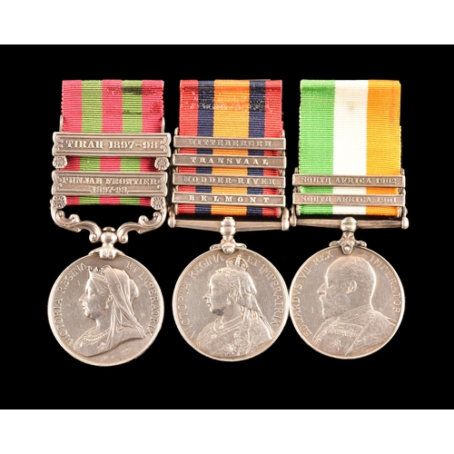 An India and Boer War Medal trio awarded to: 4963 Private H. Hawley, 2nd King's Own Yorkshire Light Infantry. Comprising: an India Medal 1895, 2 clasps, Punjab Frontier 1897-98, Tirah 1897-98 (4963 Pte H. Hawley, 2d Bn K. O. York Lt. Infy); a Queen’s South Africa medal with 4 clasps Belmont, Modder River, Transvaal, Wittebergen (4963 Pte H. Hawley, 2 Yorks Lt Infy); and a King’s South Africa Medal with 2 clasps South Africa 1901 and South Africa 1902 (4963 Pte H. Hawley, York L. I.).