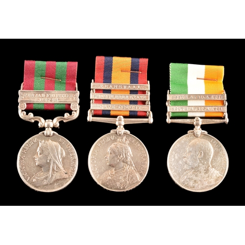 233 - An India and Boer War medal trio to: 1491 Corporal Arthur Booth, 1st / 2nd Battalion, Somerset Light... 