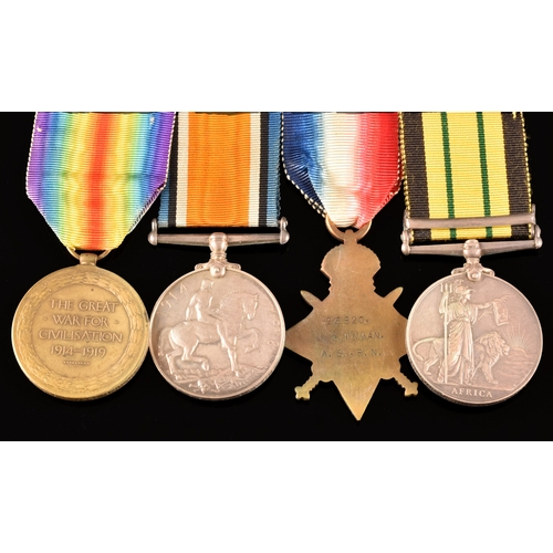 288 - An Africa and Great War four medal group to: 226920 J. A. Inman, Able Seaman, Royal Navy, H.M.S. Pro... 