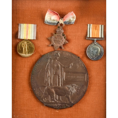 328 - A Great War medal trio and Memorial plaque to: George Fisher, Army Bearer Corps. Comprising: a 1914-... 