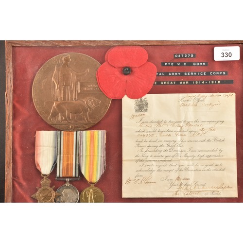 330 - A Great War medal trio and Memorial plaque to: 047372 Private William Charles Gomm, Royal Army Servi... 