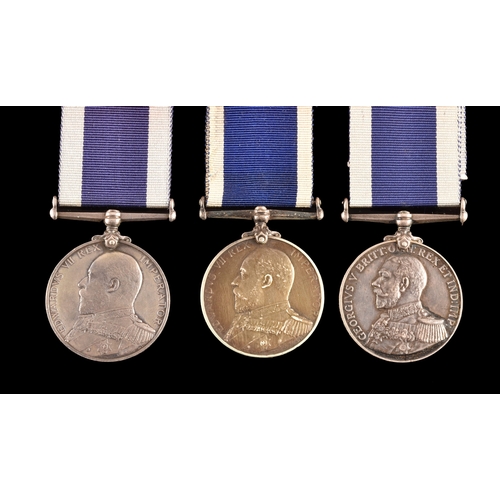 439 - Naval Long Service and Good Conduct Medal, three medals to: 1. 186623 James Buchanan, Sailmaker, HMS... 