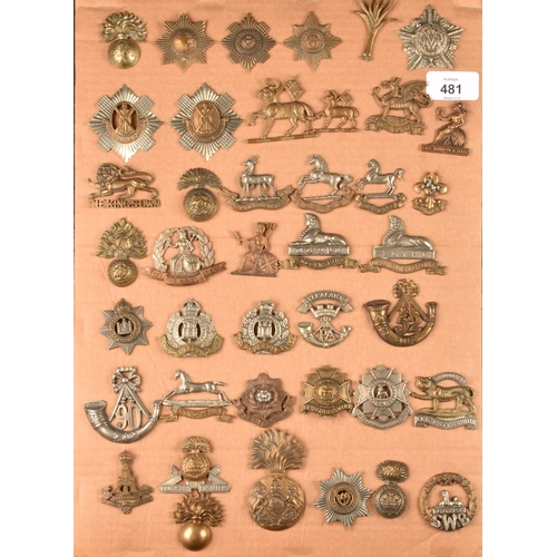 481 - A collection of military cap badges, including The Royal Scots Regiment, The Buffs, The Norfolk Regi... 