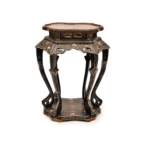 206 - A large Japanese black lacquer jardiniere stand, the top deorated with an extensive mountainous lans... 